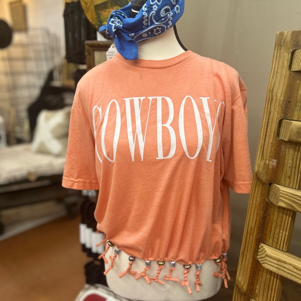 Vintage-Inspired OSU Cowboys Fringe Beaded Tee | Handmade Boutique Top